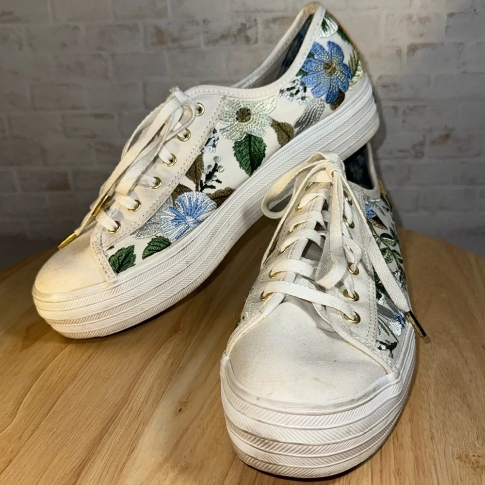 Rifle Paper Keds Triple Kick Blue Fields Embroidered Floral Casual Sneaker Shoes